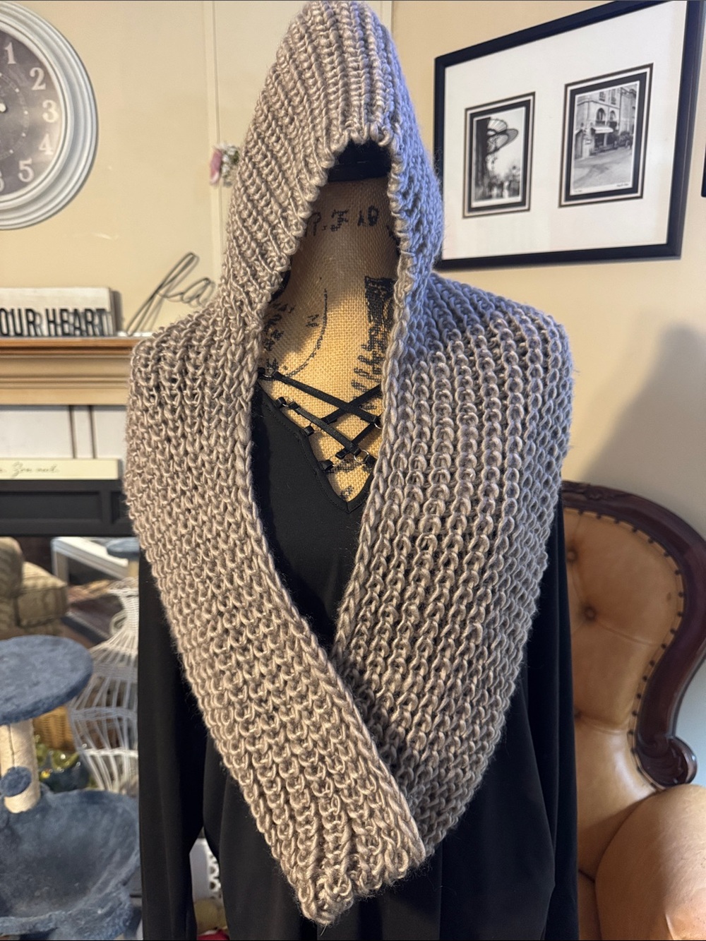 Chunky Hooded Infinity Scarf in Taupe Knit